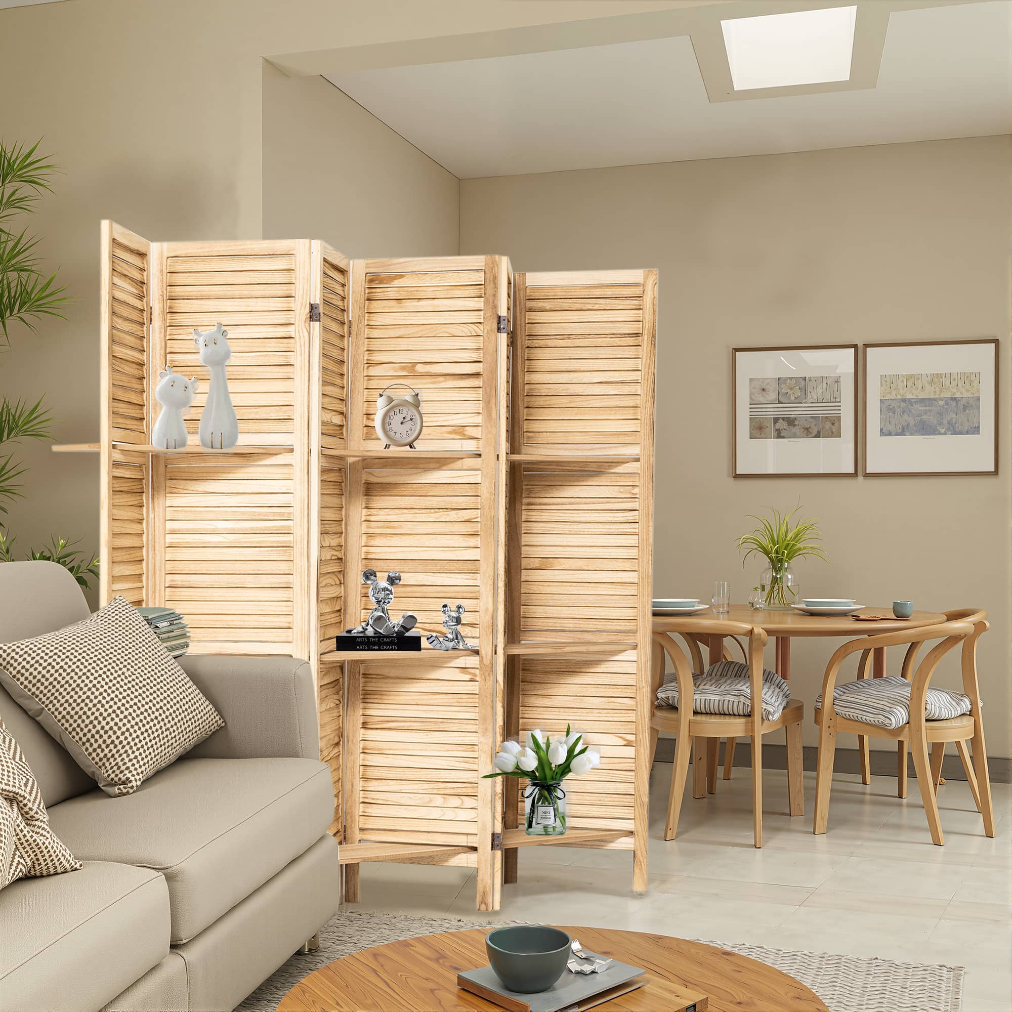 MAYEERTY 6 Panel Wood Room Divider with Display Shelves, Freestanding Privacy Screen, Natural Color