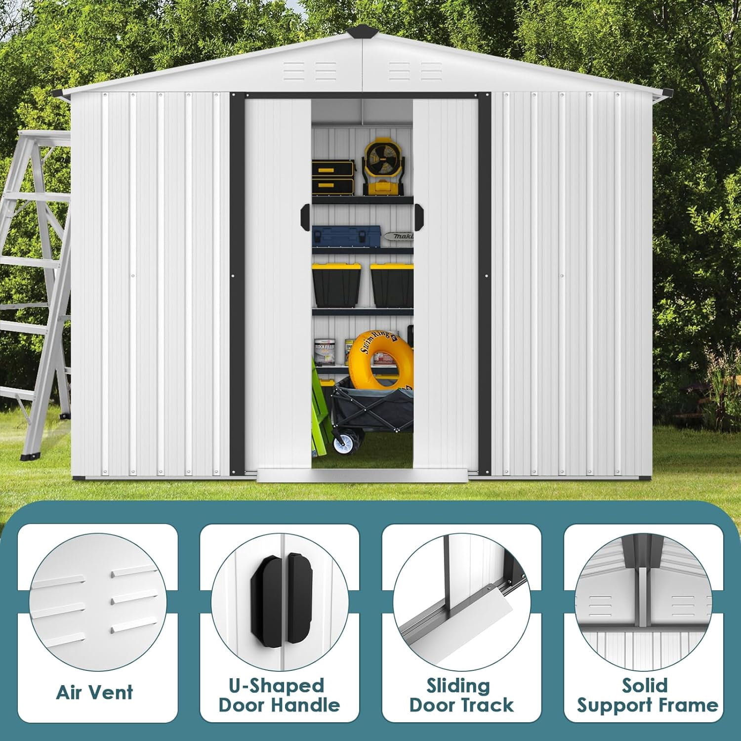 SOLAURA 8'x6' Outdoor Metal Storage Shed Garden Tool Shed with Sliding Door - White