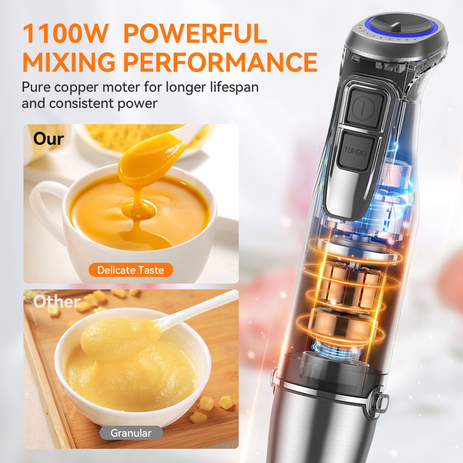 5-in-1 Immersion Hand Blender 1100W - 12 Speed + Turbo Stainless Steel Stick Blender with 600ml Beaker 500ml Chopper Whisk Milk Frother BPA-Free for Kitchen