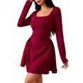 thumbnail image 3 of Women Square Neck Dress Casual Spring Long Sleeve Knit Pleated Elegant Classy Mini Dresses Wine Red S, 3 of 9