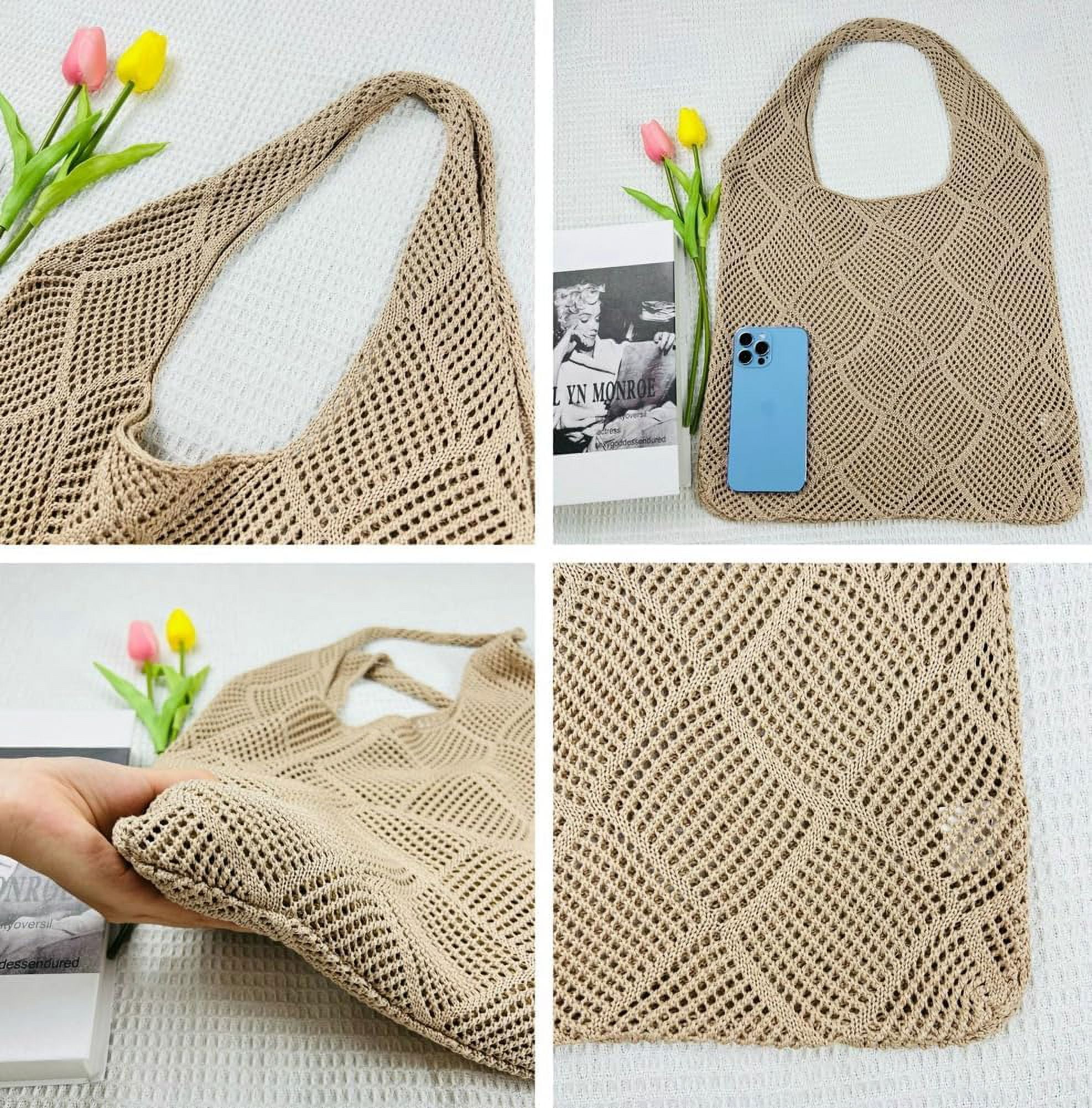Kukuzhu Women Knit Hobo Tote Bag Aesthetic Crochet Handbags Casual Mesh Shoulder Handbag Hand Crochet Bags Purse