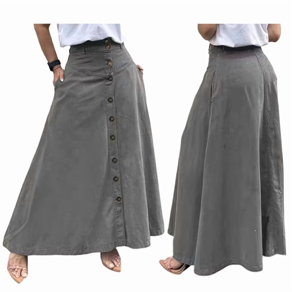 Women Button Down Maxi Skirts High Waist A-Line Pleated Long Skirts with Pockets Gray XXL