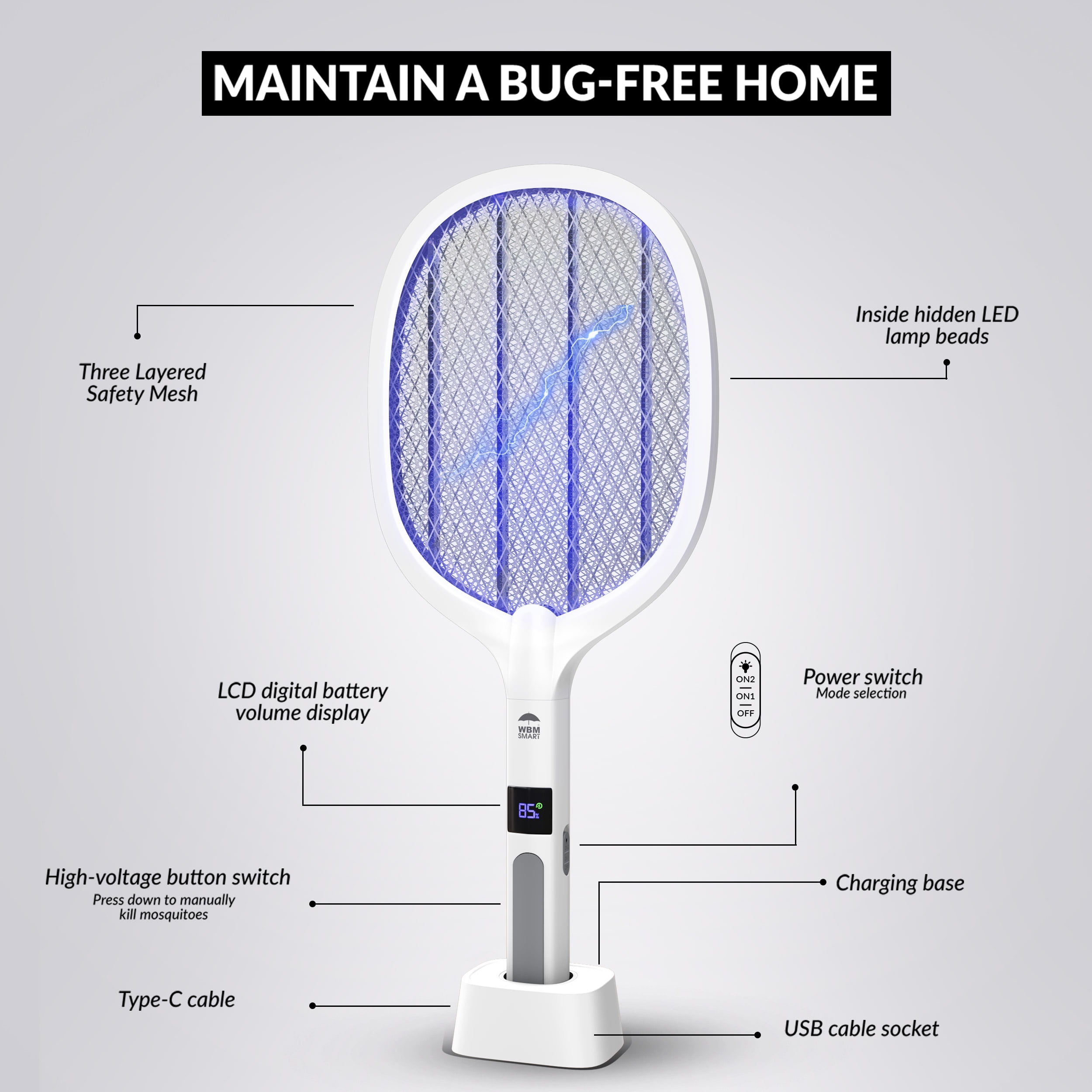 WBM Electric Bug Zapper, Portable Insect Killer, LED Light Fly Swatter for Home & Outdoor Use, White