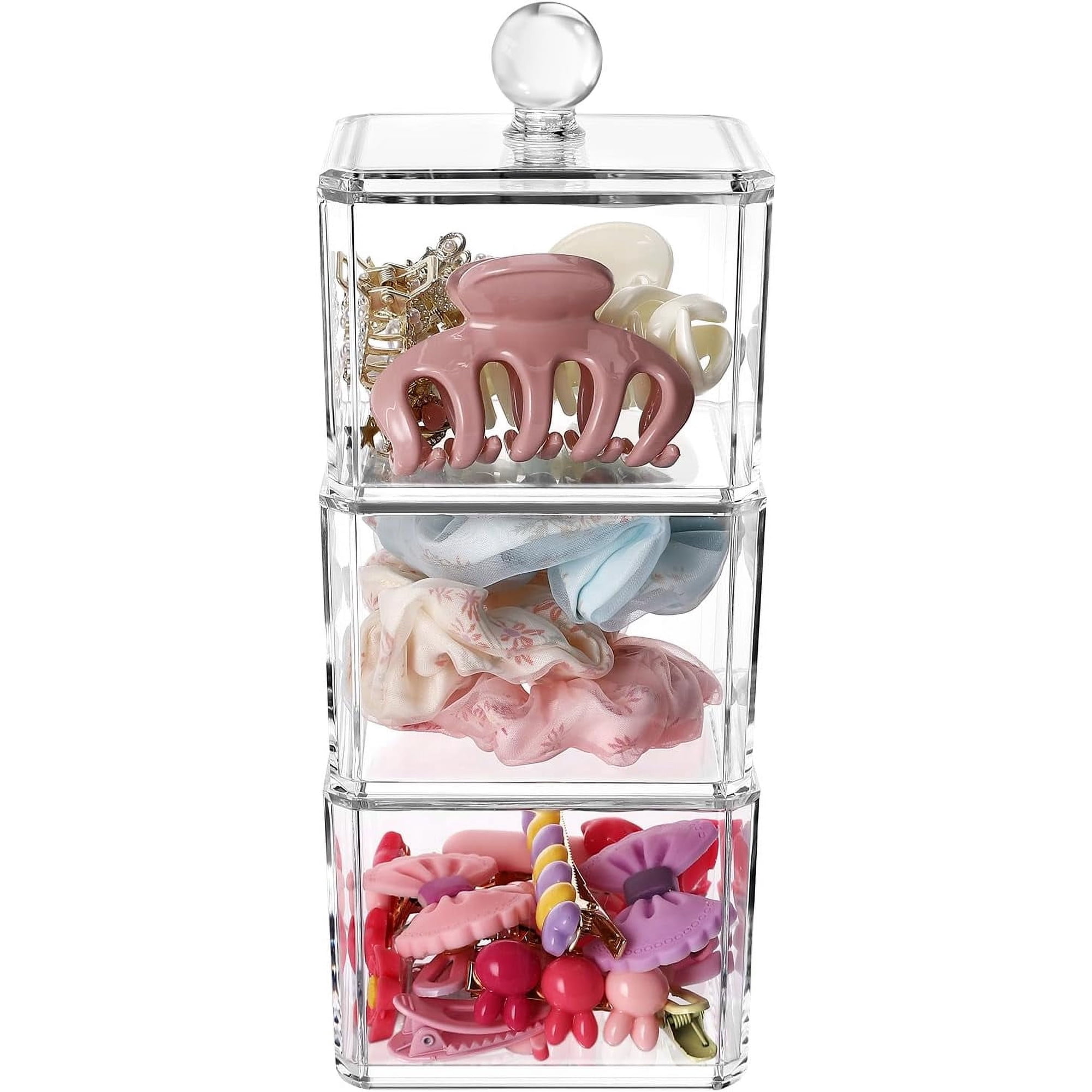Hair Accessories Organizer for Girls with Lids 3 Stackable 1Pack | Acrylic Hair Tie Organizer for Headband Bows Cotton Swab Organization Vanity Bathroom Containers Hair Clip Holder Storage