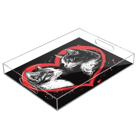 

WOBOGO Acrylic Serving Trays 15.7x11.8 Inch Spill Proof Clear Decorative Organizer with Handle Two Cats Looking at Each Other