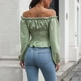 thumbnail image 5 of Women Off Shoulder Long Puff Sleeve Tops Pure Color Front Lace Up Back Shirred Blouse Shirt for Dating Light Green XL, 5 of 7