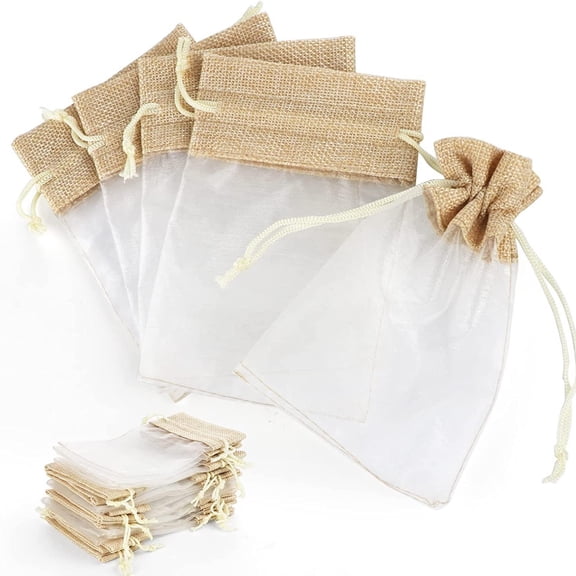 12Pcs Linen and Organza Patchwork Drawstring Bags, Gift Storage, Holiday Party Decorations,3.94 x 5.91 inch