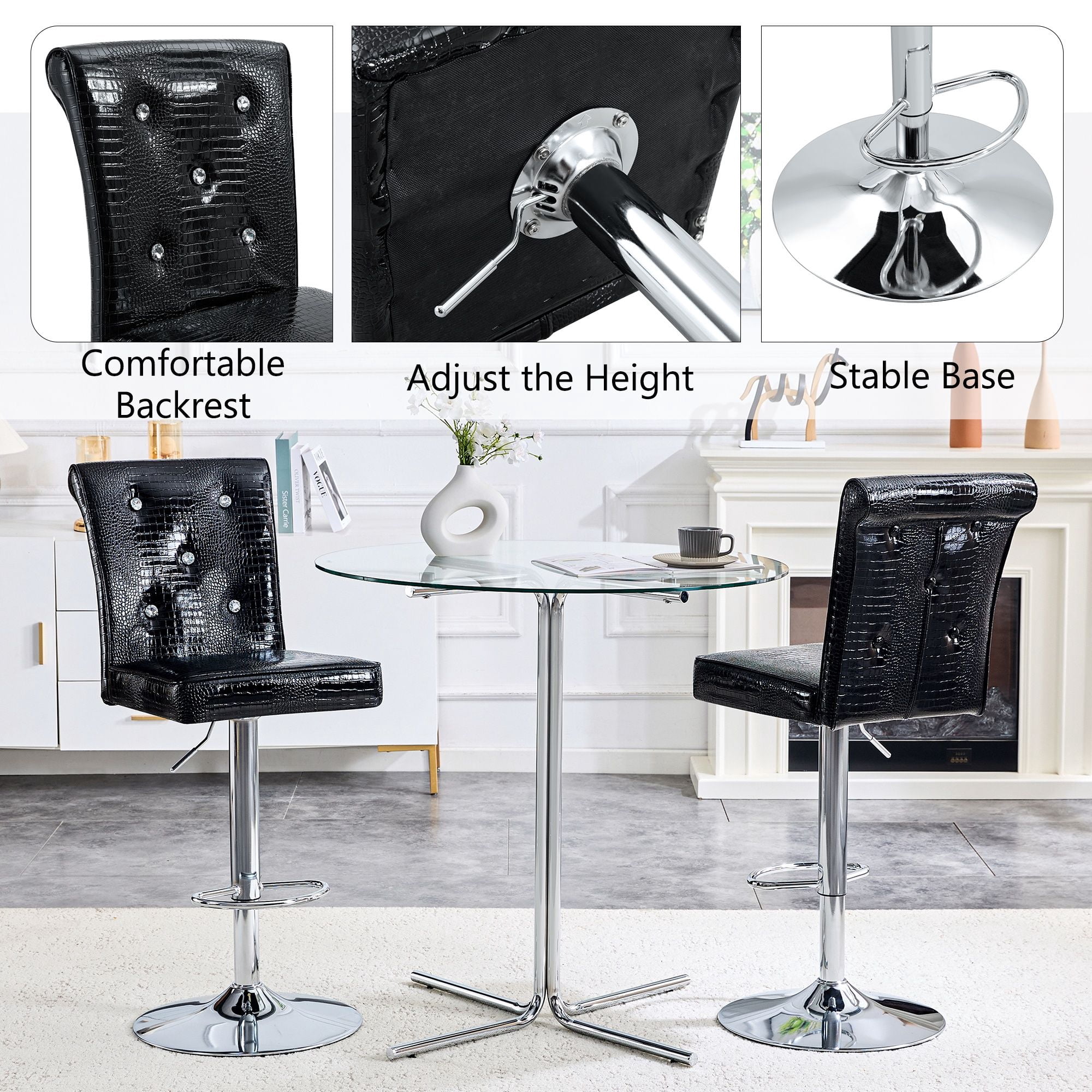 Alvantor Set of 2 Black Crocodile Faux Leather Lift Bar Stools with Crystal Accents