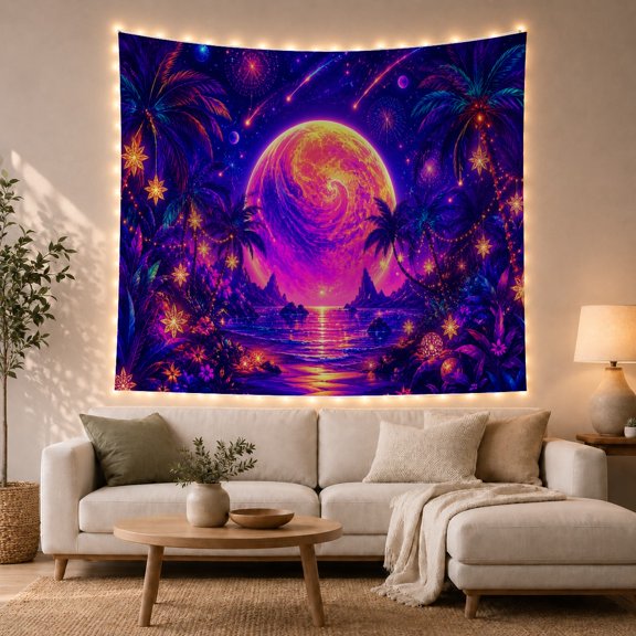 Celestial Planet Over Tropical Nightscape, Dreamy Psychedelic for Space Lovers, Cosmic Wall Art Housewarming Gift Tapestry Wall Hanging for Bedroom, Living Room and Dorm