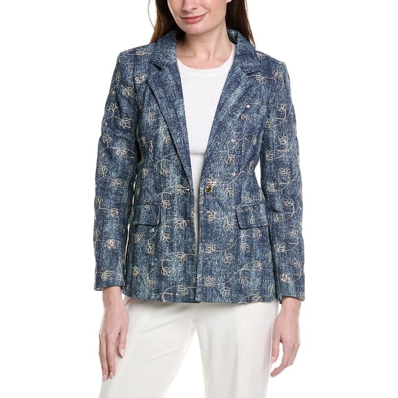 Gracia womens Flower Embroidered Denim Blazer, l, Blue