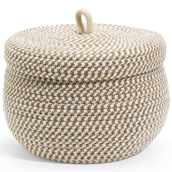Round Basket with Lid Decorative Basket Organizing Basket Cotton Rope Lidded Basket