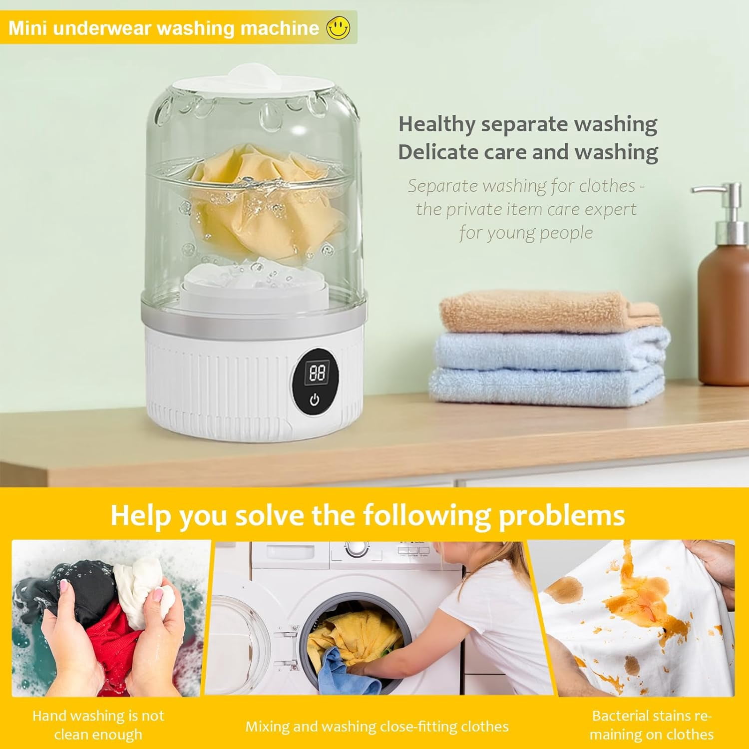 Portable Underwear Washer, Mini Washing Rechargeable Cordless Washing-Machine with Digital Timer Display, Wireless Washing Machine for Home Use, USB Charging Laundry for Apartments, Hotels, Travel