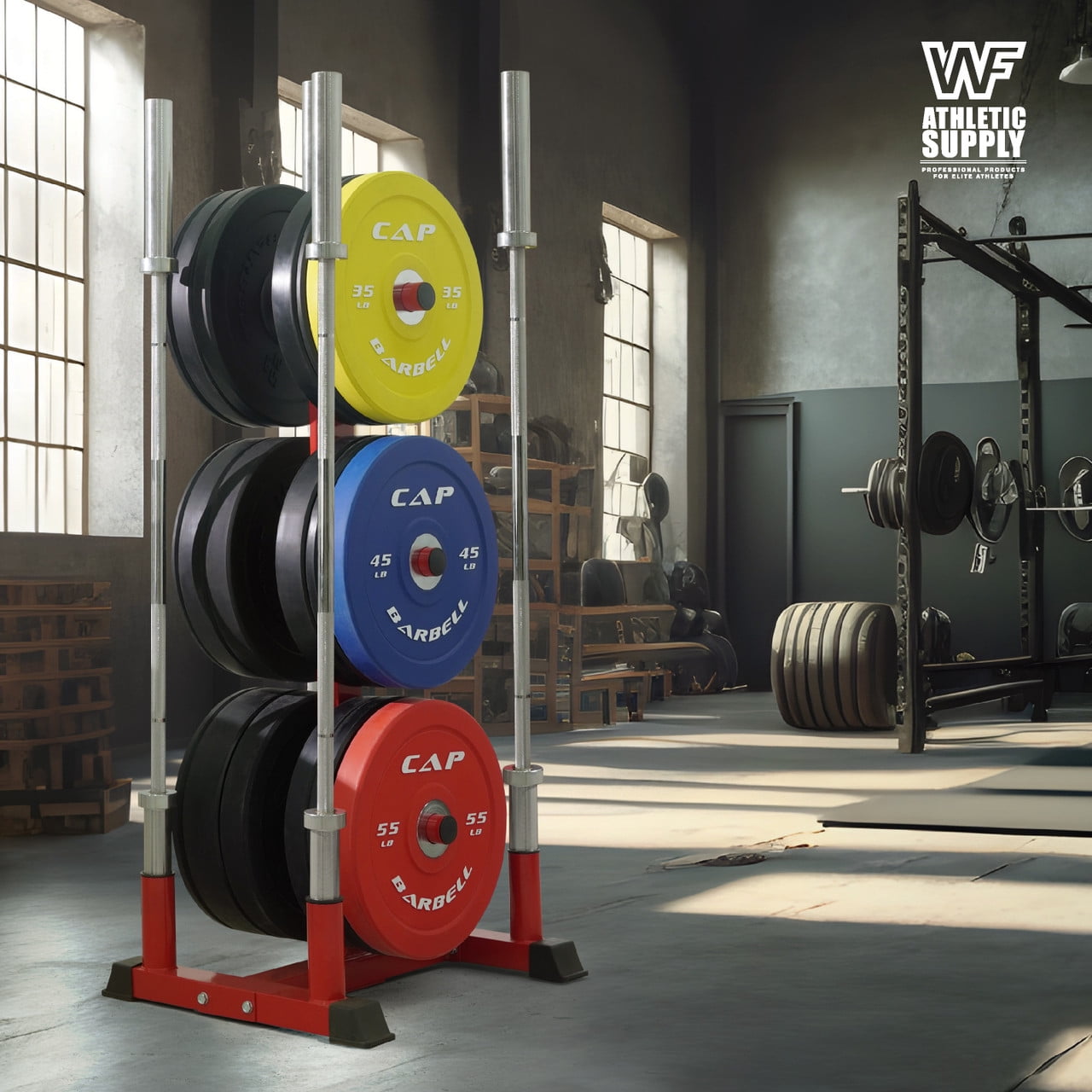 WF Athletic Supply Olympic Bumper Plate Storage Rack, Home Gym 2 Inch Weight Plate Holder, Heavy-Duty Weight Plate Tree with 4 Barbell Holders, 800LB Weight Capacity, Red