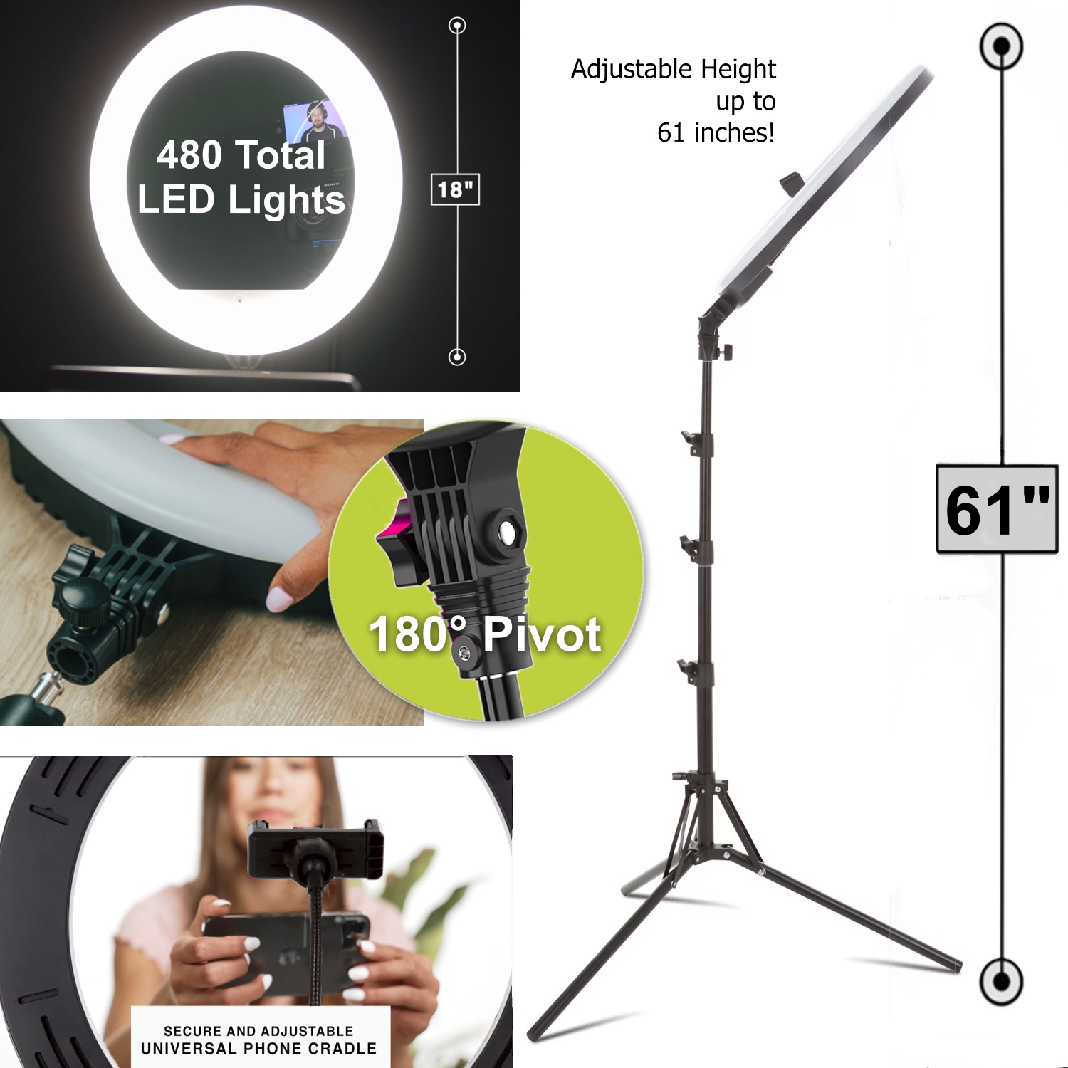 Vivitar 18" LED RGB Ring Light with Tripod, Phone Holder USB Charging Ports, and Wireless Remote - image 3 of 13