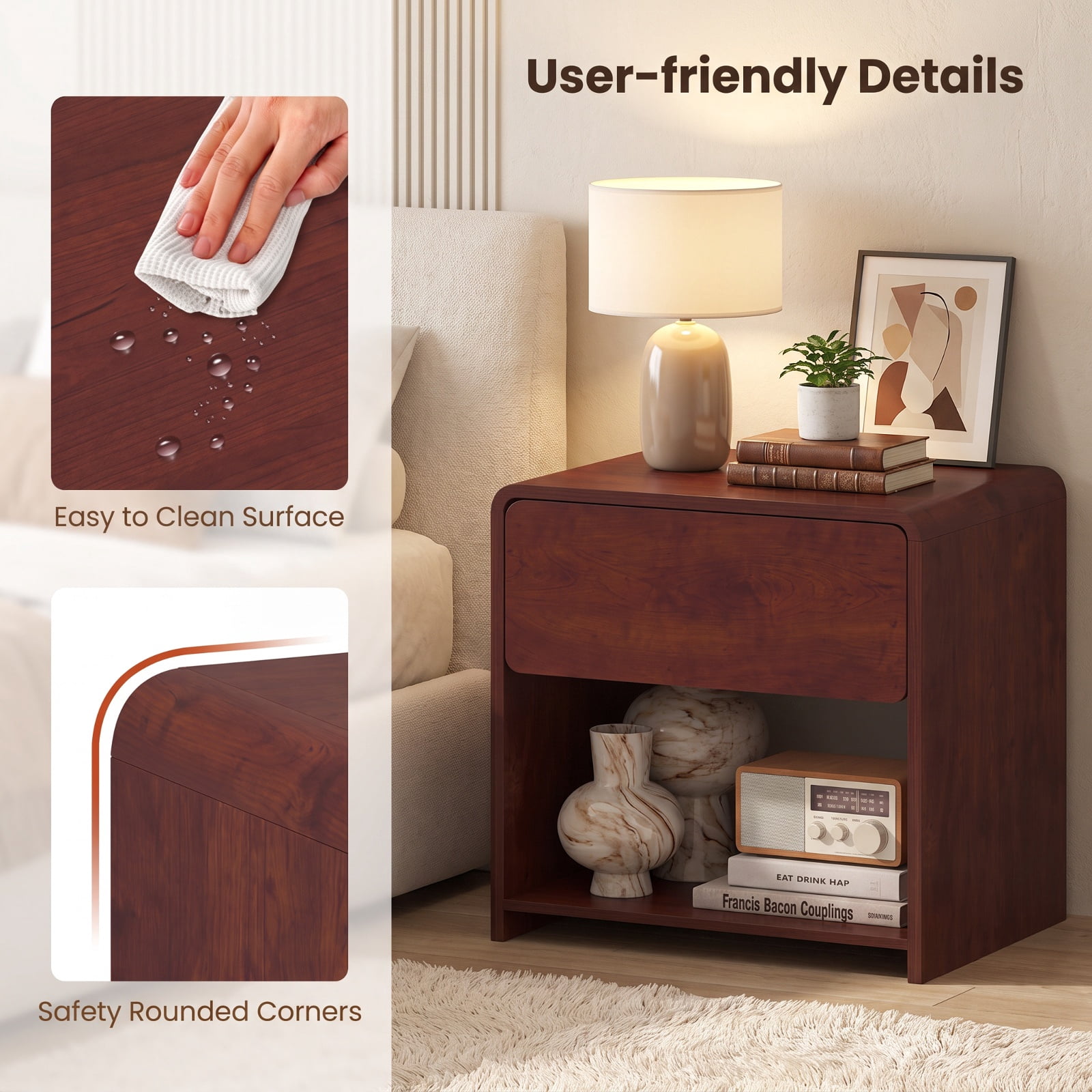 Furnibear 2-Tier Modern Style Nightstand with Drawer and Open Shelf for Bedroom for Bedroom Living Room Bedside Sofa Side Small Space, Walnut
