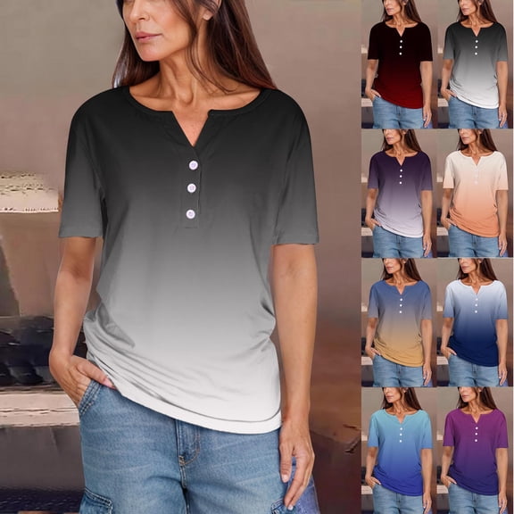 Inverlee T Shirts Women V Neck Dressy Casual Short Sleeve Tops Boho Gradient Print Shirts Flowy Elegant Tunic Blouse Tee