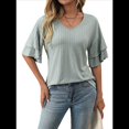 thumbnail image 2 of Blusas Elegantes con Cuello en V para Mujer, de Doble Capa, Mangas Acampanadas, 3/4, Mangas con Volantes, Verde Frijol, L, 2 of 10