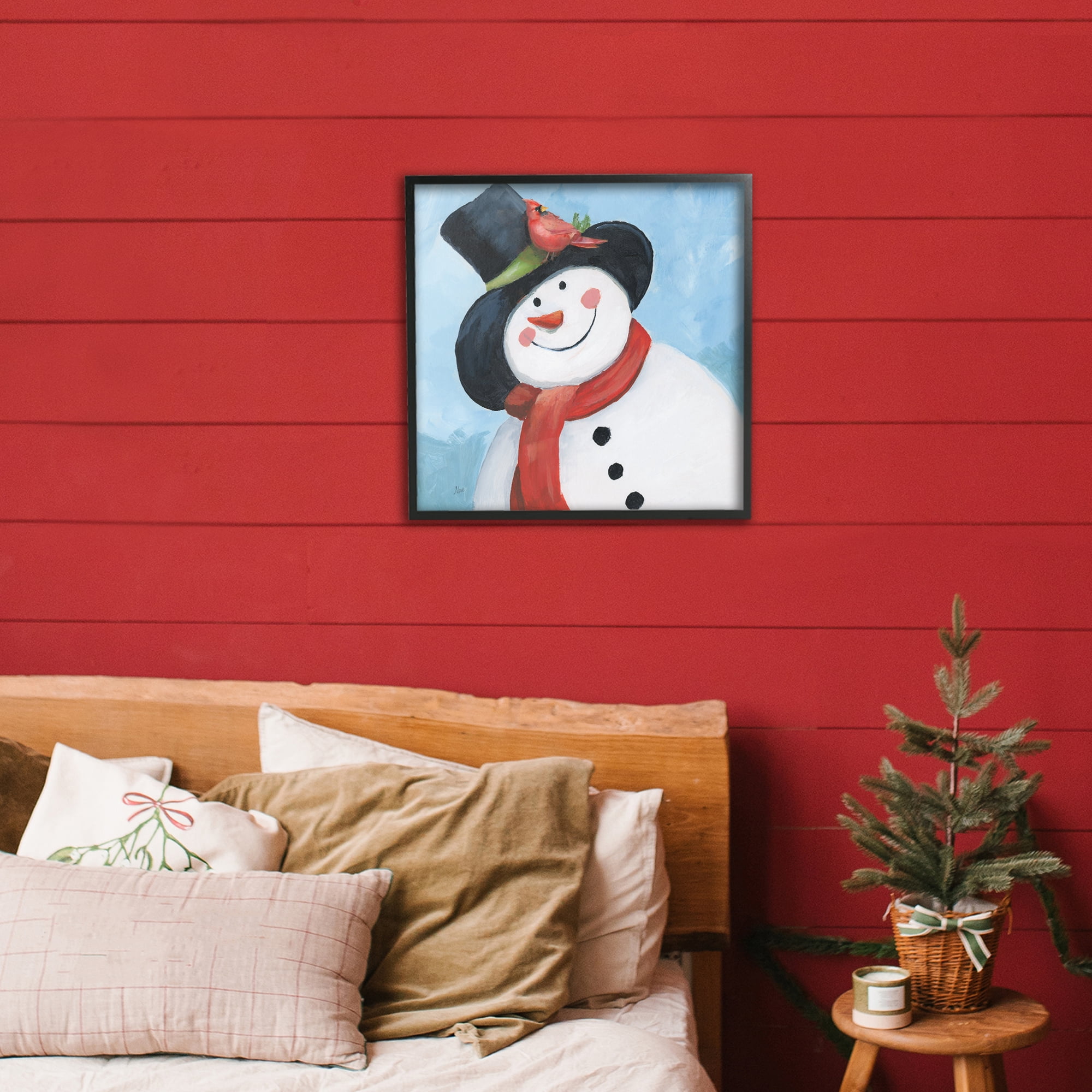 Stupell Industries Cheerful Snowman with Cardinal Black Framed Giclee Art, design by Nan