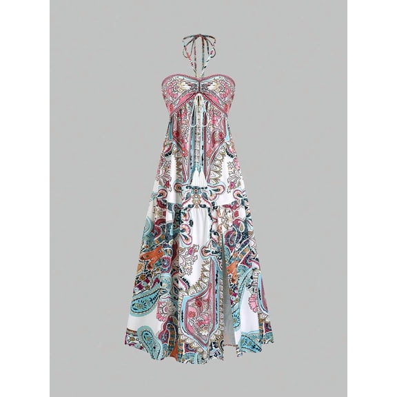 Multicolor Boho Halter Neck Maxi Dress With Paisley Print And Adjustable Tie Straps