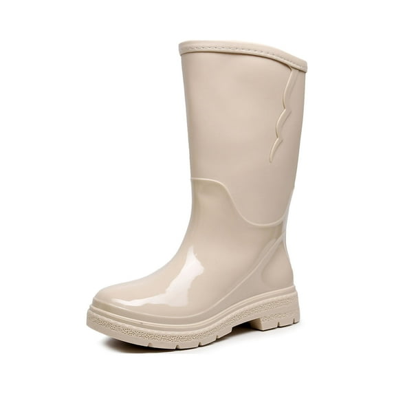 Rotosw Women's Rain Boots Wide-Calf Garden Shoes Lightweight Rubber Boot Round Toe Slip Resistant Waterproof Booties Work Pull On Mid Calf Bootie Beige 6