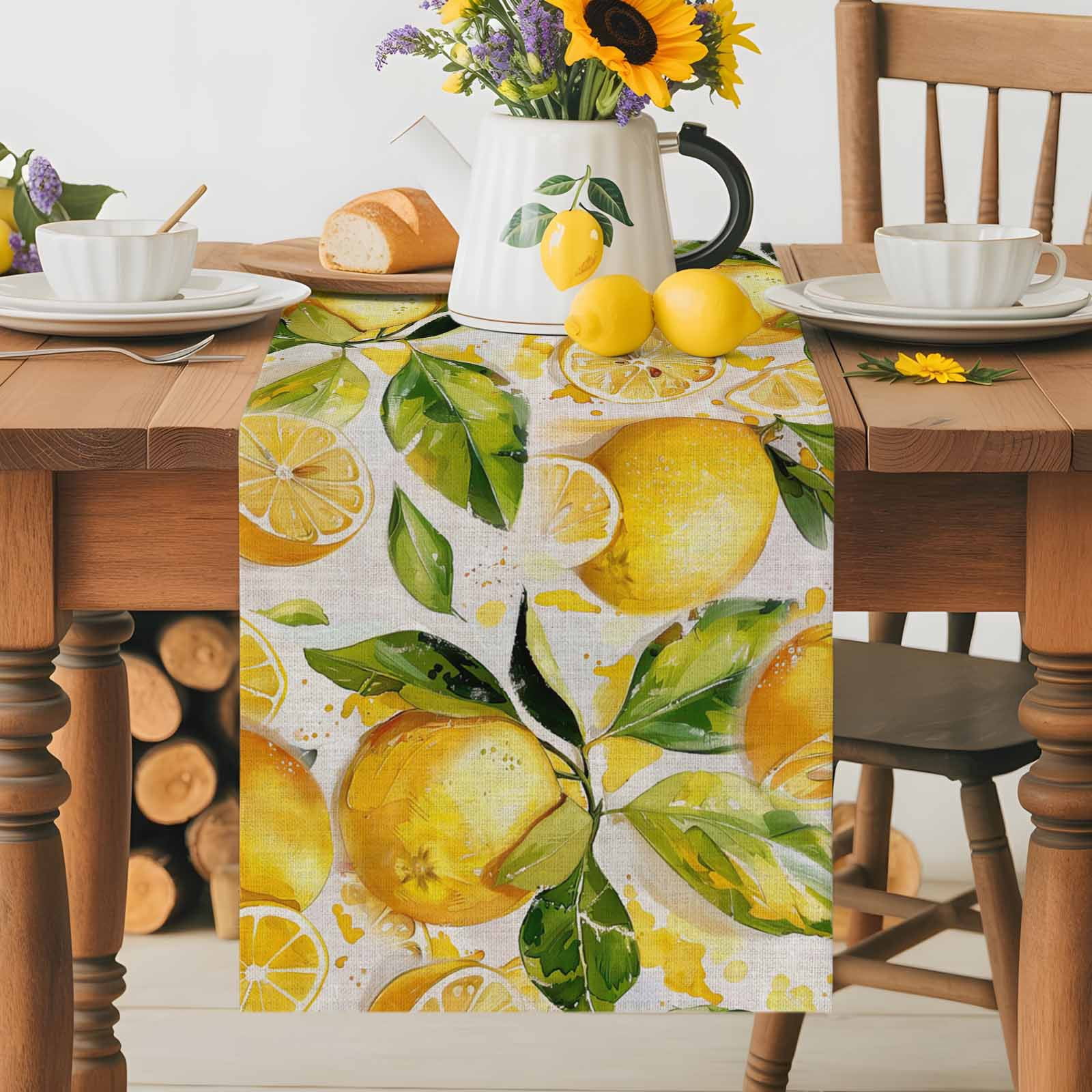Yellow Lemon Watercolor Leaves Table Runner 90 Inches Long, Farm Fruit Harvest Table Runners Tabletop Scarf Kitchen Dining Tables Decoration for Home Party Indoor Outdoor