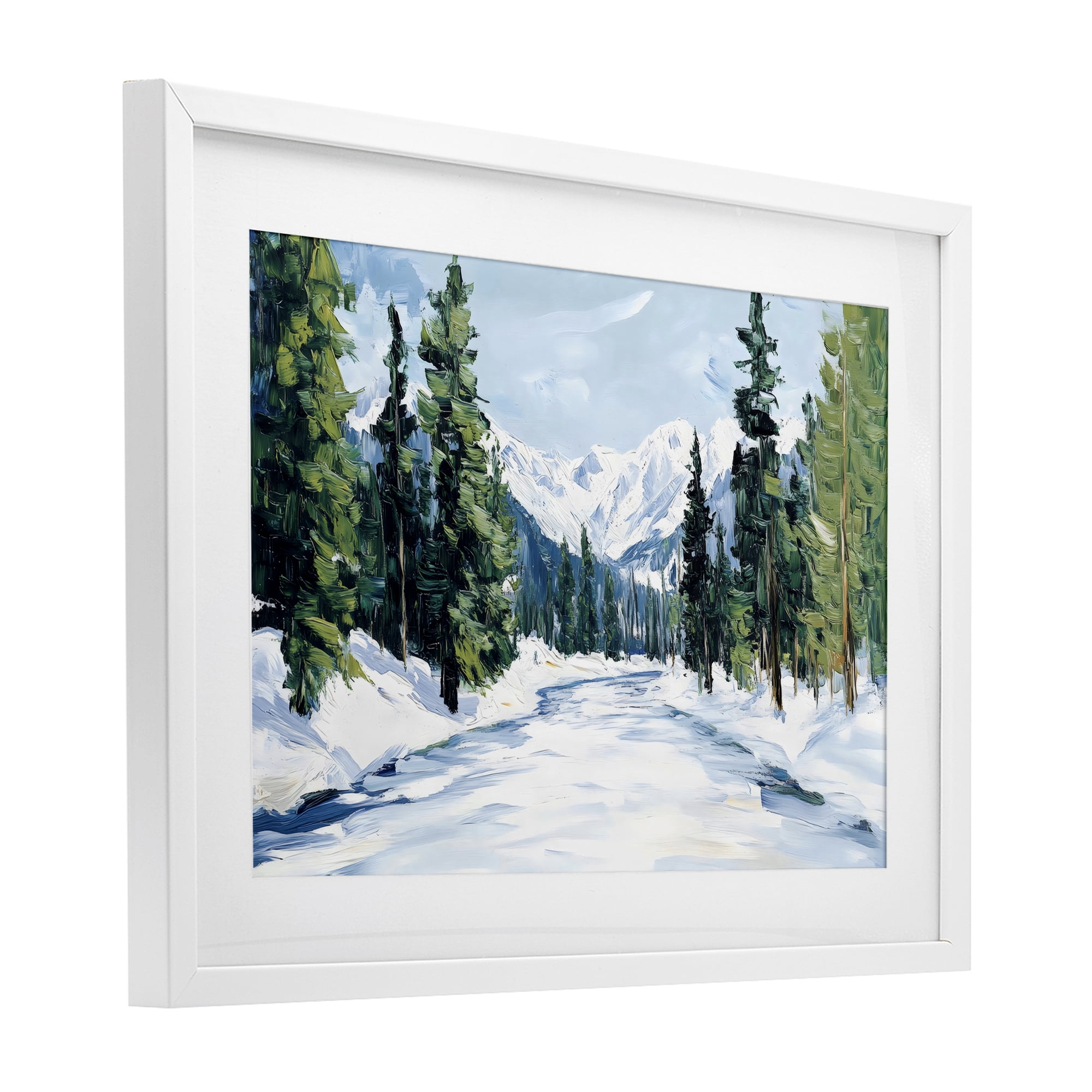 Snowy Tall Tree Pass White Framed Print Under Glass, design by Petal Prints Design