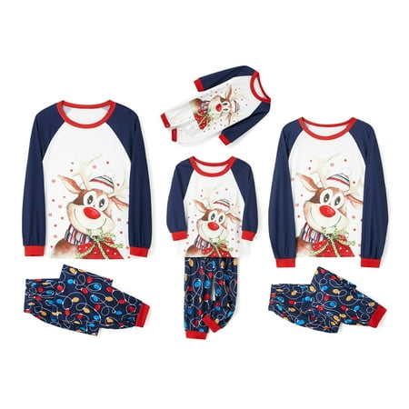 

Sunisery Christmas Matching Family Pajamas Set Cartoon Elk Gift Tops String Light Print Pants Sleepwear