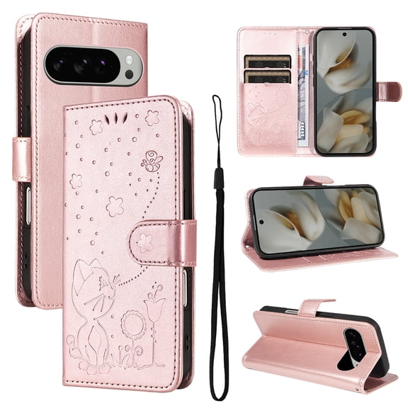Cute Cat Embossed Pattern PU Leather Wallet Phone Case for Google Pixel 10 /10 Pro,Magnetic Closure Shockproof Flip Kickstand RFID Blocking Credit Card Slots Cash Pocket Slim Case,Rosegold