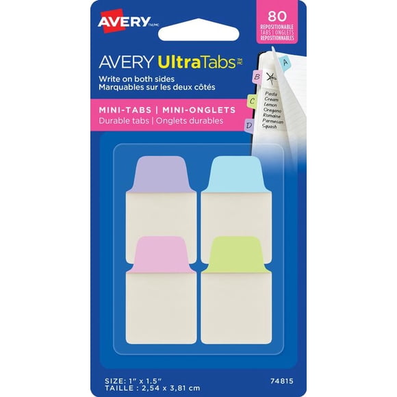 Avery UltraTabs Mini Tabs, Pastel Colours, Lavender, Lt Blue, Lt Green, Pink, 80 pack, (74815)