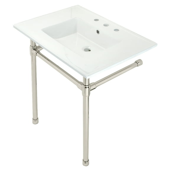 Kingston Brass KVPB31227W86 Dreyfuss 31" Ceramic Console Sink with Stainless Steel Legs (8-Inch, 3-Hole), White/Polished Nickel