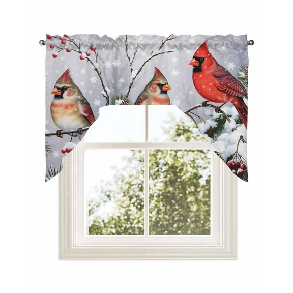 Christmas Cardinal Kitchen Curtains Swag Valance for Windows/Bathroom/Cafe, Winter Farmhouse Red Bird Berry Needle Rod Pocket Drape Panel Swag Curtains Valance for Bedroom/Living Room 56"x36"
