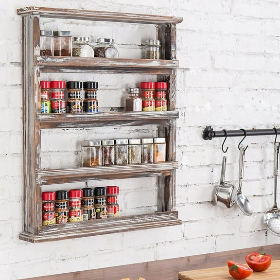 Wooden Spice Rack Wall Mount, Hanging 4 Tier Seasoning Jar Shelf Pantry Organizer, Vintage Rustic Torched