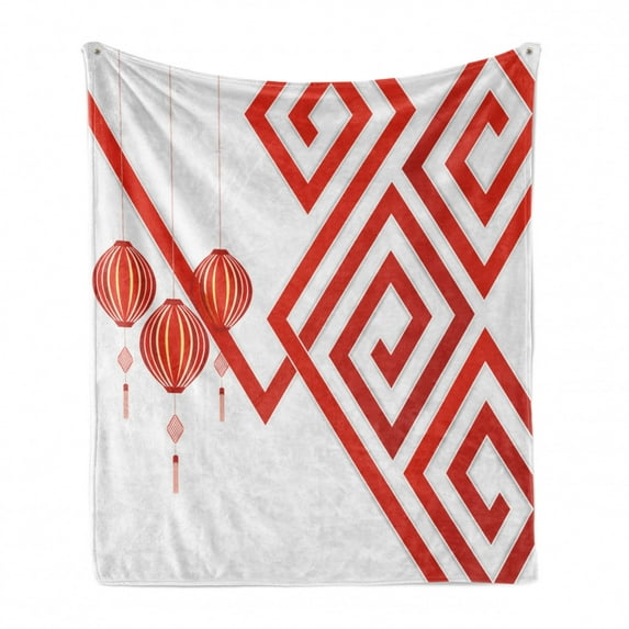 Lantern Soft Flannel Fleece Throw Blanket, Chinese Cultural Elements with Abstract Vortexes Modern Art with Classical Print, Cozy Plush for Indoor and Outdoor Use, 50" x 60", White Red, by Ambesonne