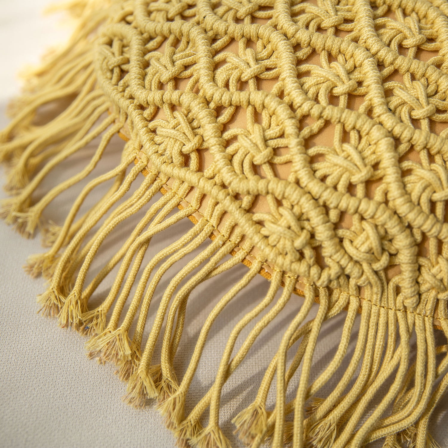 Phantoscope 100% Cotton Handmade Crochet Woven Boho with Tassels Series Decorative Throw Pillow, 16" x 16" Round, Yellow, 1 Pack