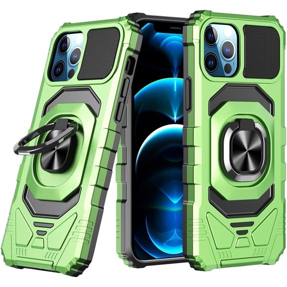 Case for iPhone 15 Pro Max,Military-Grade Metal Ring Car Holder [Built-in Kickstand] Heavy Duty Shockproof Protection TPU PC Phone Case for iPhone 15 Pro Max,6.7 Inch 2023 (Light Green)