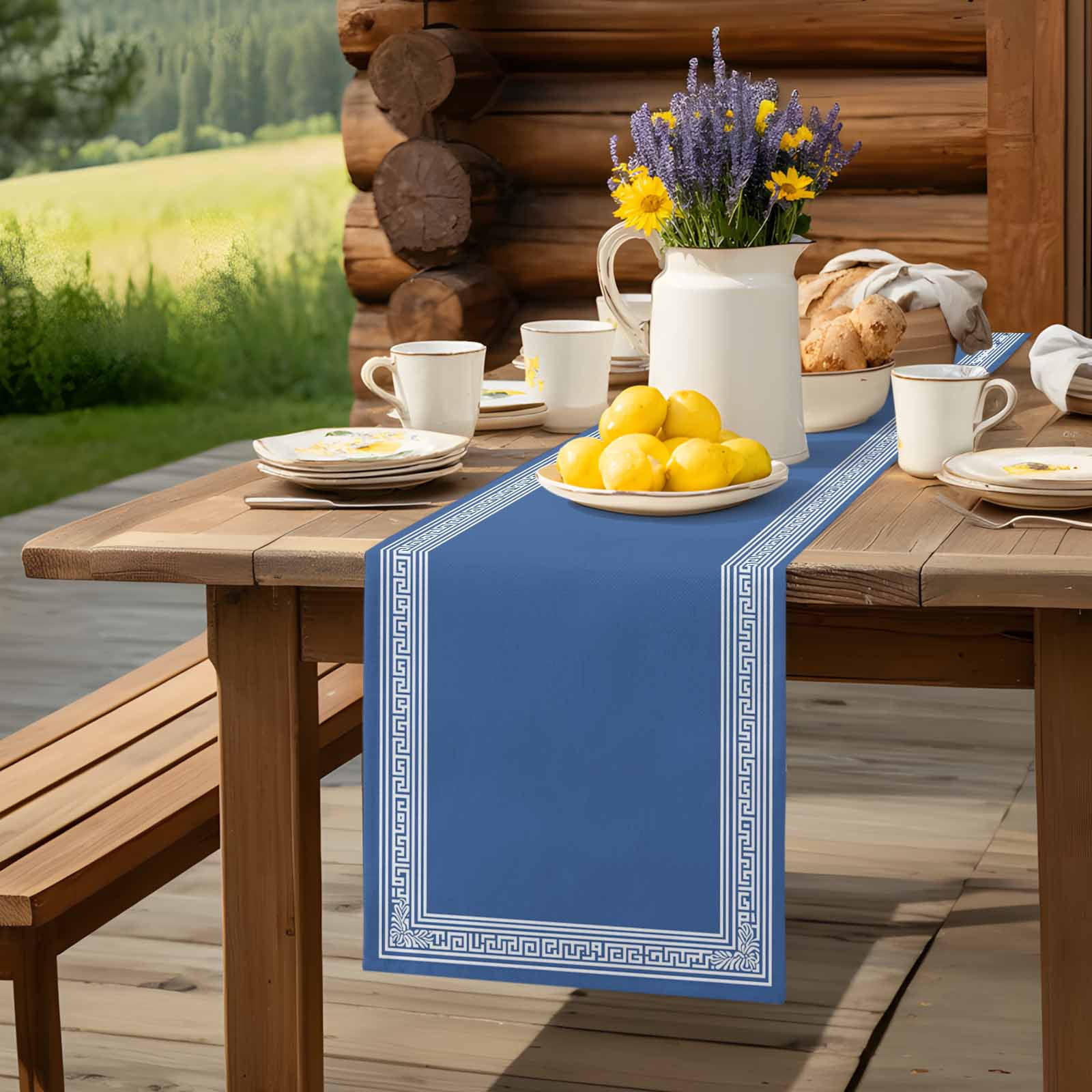 Blue Back Pattern Retro Greece Table Runner 90 Inches Long, Abstract Geometric Texture Table Runners Tabletop Scarf Kitchen Dining Tables Decoration for Home Party Indoor Outdoor