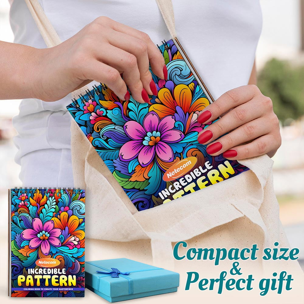 Netecom Incredible Pattern Coloring Book Spiral Bound For Adults, A5 Wooden Cover, 30 Beautiful Coloring Pages of Vibrant Flower and Nature-Inspired Designs for Stress Relief and Relaxation