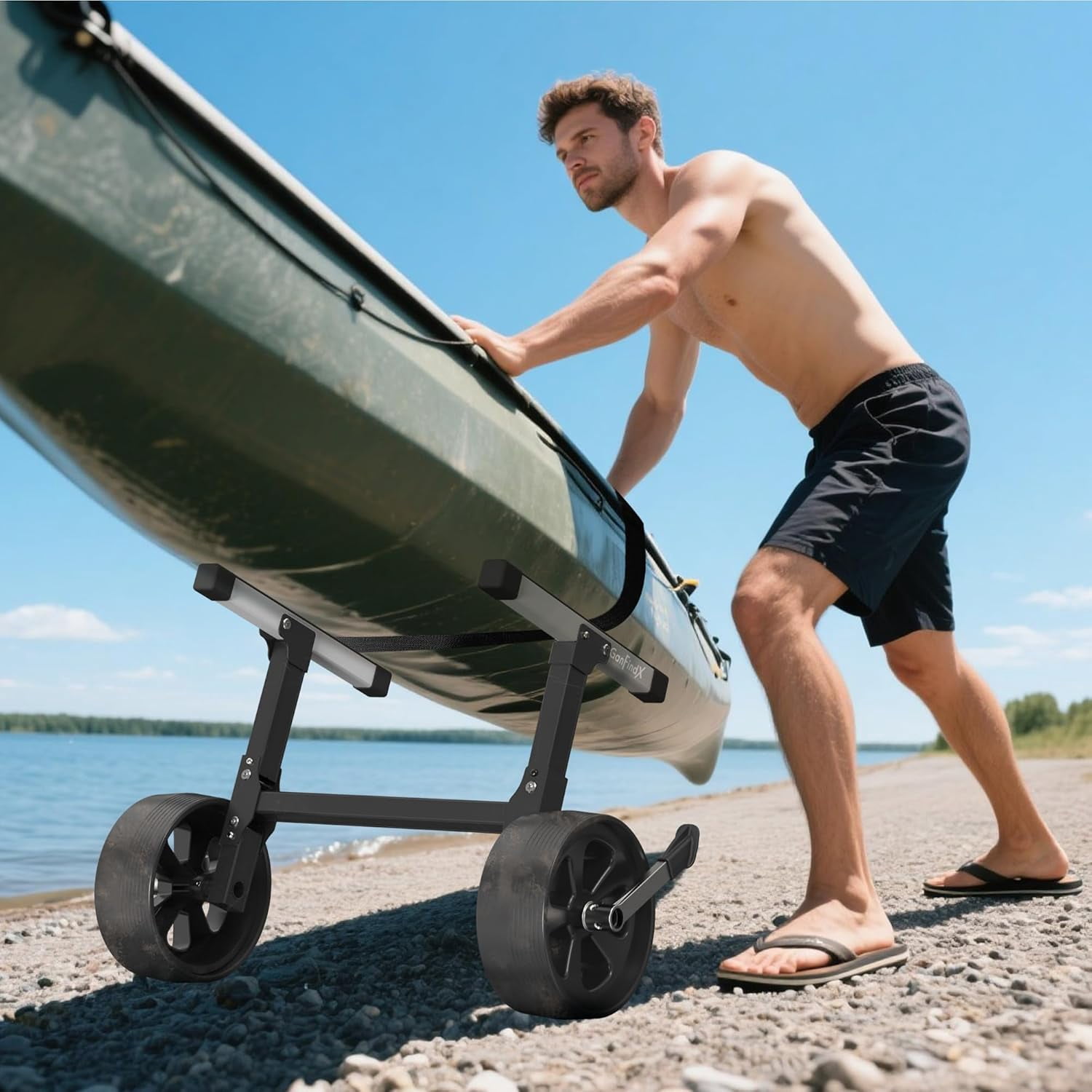 GanFindX Heavy-Duty Aluminum Kayak Cart, Foldable Canoe Trolley with Solid Wheels & Adjustable Bungee Straps, Lightweight Portable Kayak Dolly for Canoes, Paddle Boards & Small Boats