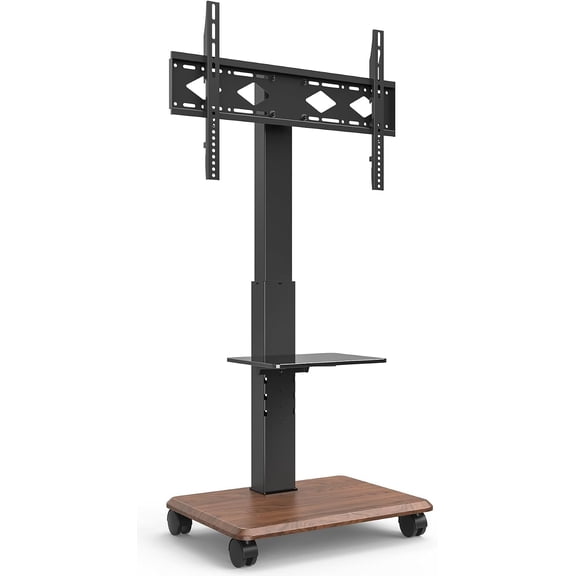 Heavy Duty Rolling TV Stand for 32-75 Inch TVs Holds up to 132 lbs | Height Adjustable Mobile TV Floor Stand with Glass Shelf, Portable TV Cart with Locking Wheels, Max VESA 600x400mm, Black
