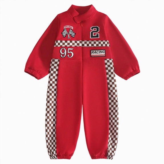Linfrsh Newborn Girl Romper Baby Boy Romper Race Car Outfit Infant Long Sleeves Zipper Jumpsuit(Red,6-9 Months)