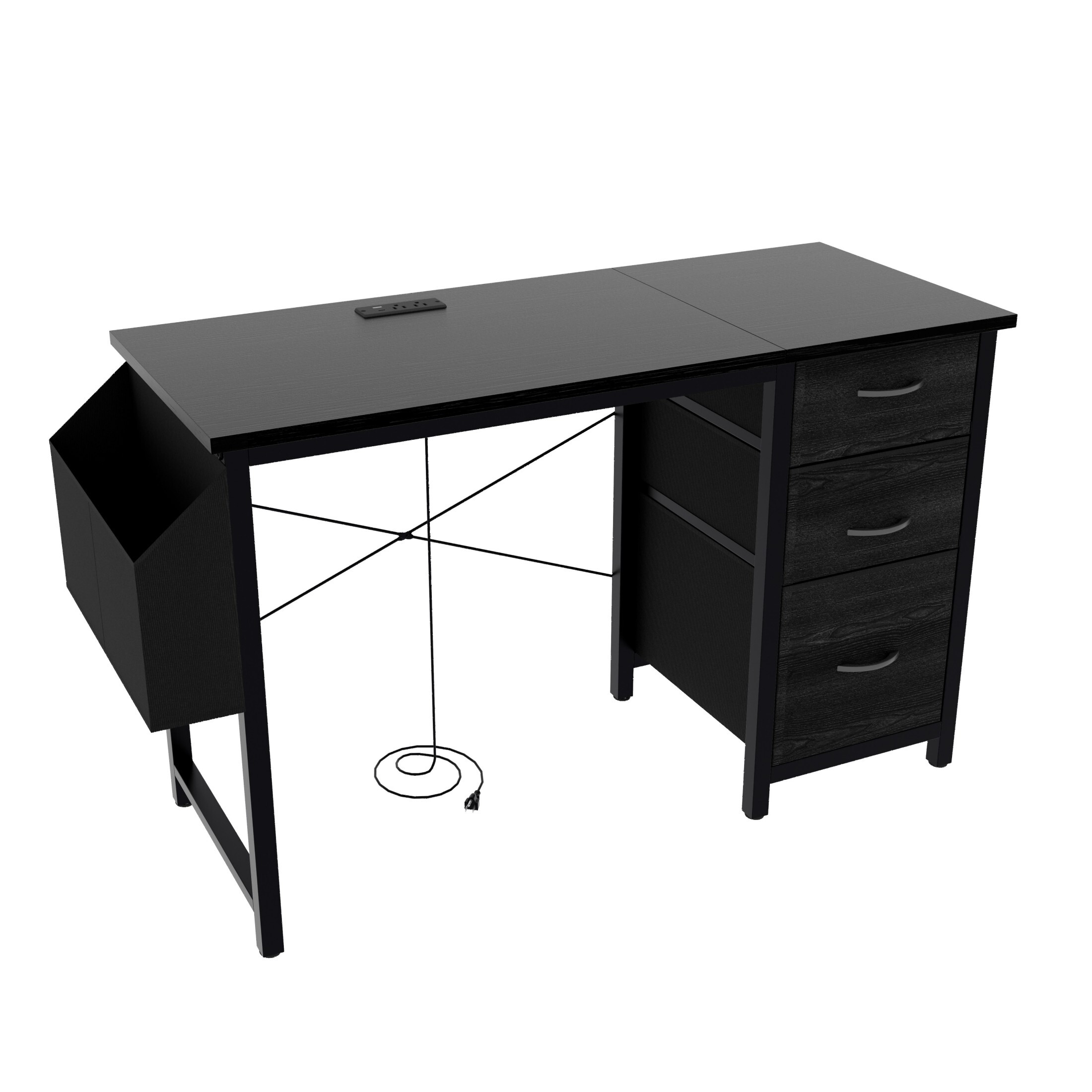 DEALTOPS Computer Desk with Power Outlets, Office desk with Reversible Fabric Drawers and Side Pocket, Black
