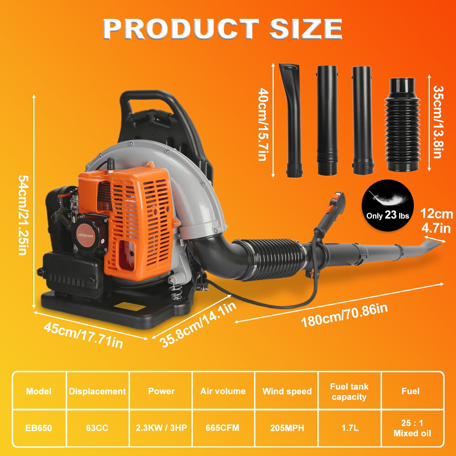 Professional Backpack Leaf Blower, 665CFM 63cc 2-Cycle Gas Powered, Multi-Purpose for Lawn, Yard Debris, and Light Snow - High Velocity Blower