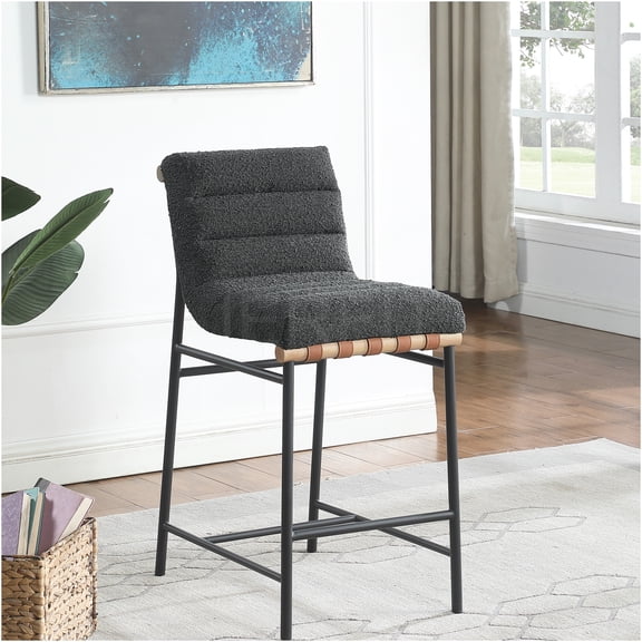 JERFIT Counter Height Dining Chair, Dark Gray Boucle Fabric Upholstered Swivel Stool with PU Leather Straps and Iron Legs for Kitchen Island, Breakfast Bar, Modern Home Decor