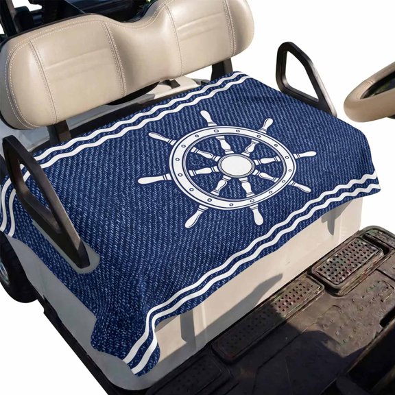 Golf Cart Seat Cover Nautical Captain's Wheel Club Car Golf Cart Seat Covers Soft Absorbent Golfcart Towel Blanket Helm Navy Blue Stripes Golf Seat Covers for Cart Decor Fits 2 & 4 Passenger 51"x31"