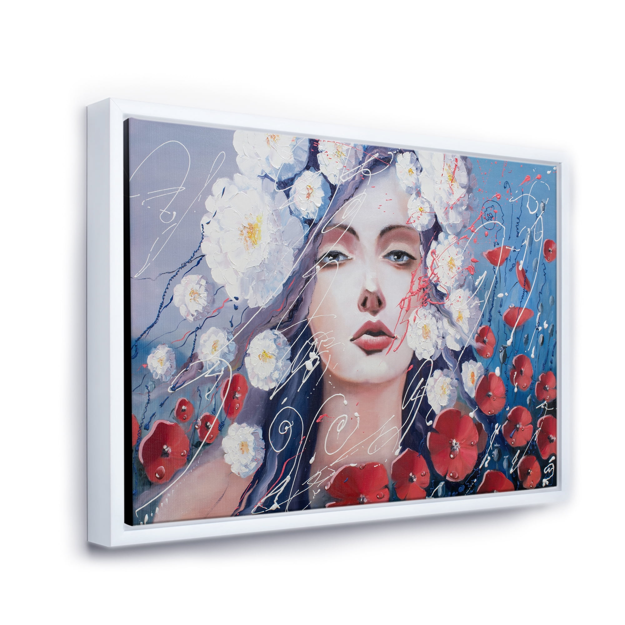 Designart 'Portrait Of A Young Lady With Red & White Flowers' Traditional Framed Canvas Wall Art Print