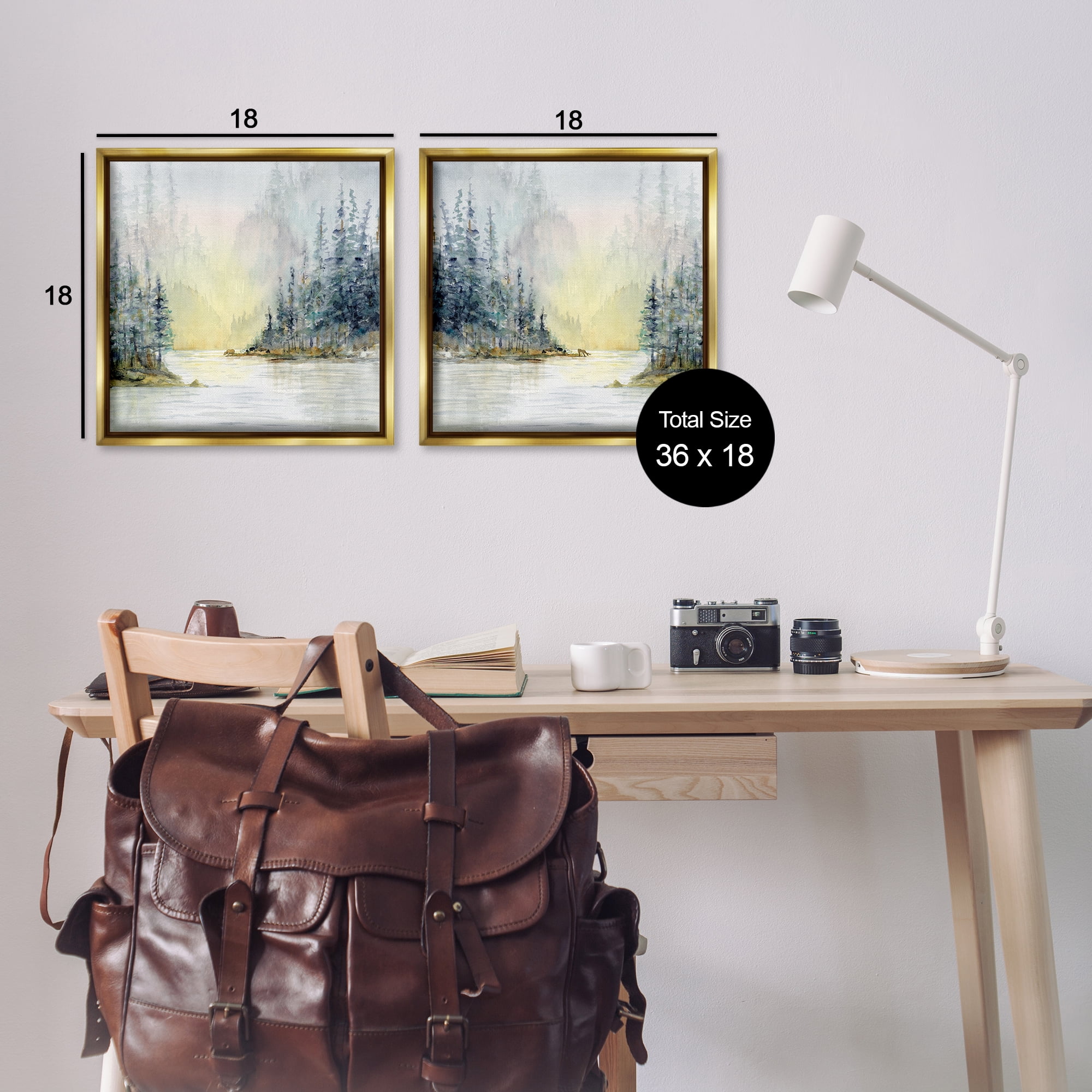 Stupell Industries Distant Deer Bear Pine Trees Landscape & Nature Painting Gold Floater Framed Canvas Art Print Wall Art, 18 x 18, Set of 2
