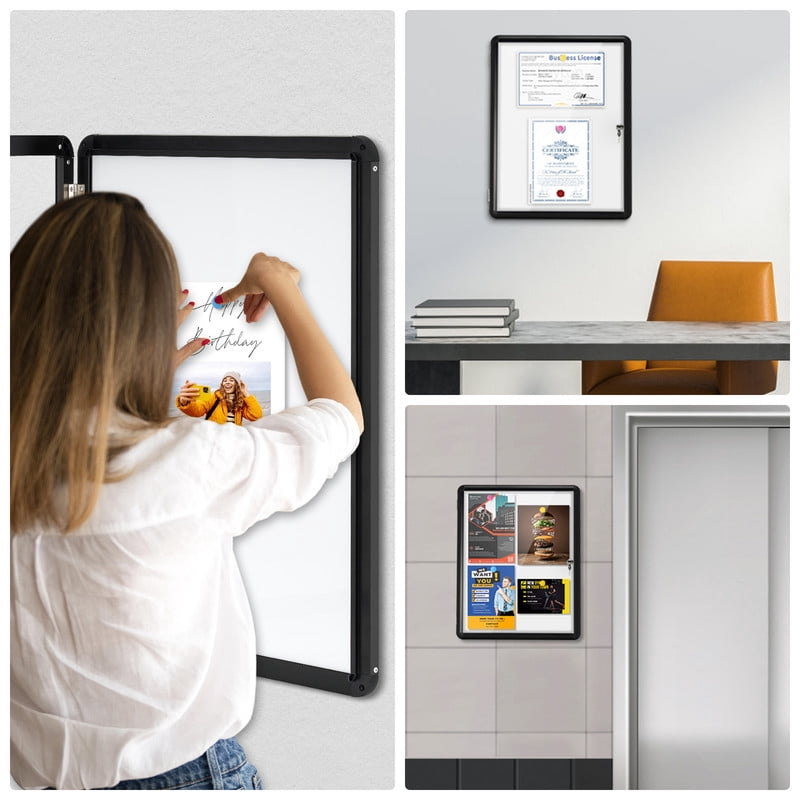 Enclosed Lockable 26"x20" Magnetic Whiteboard Cabinet for Wall Outdoor Use Noticeboard Tamperproof Dry Erase Cabinet for Wall Office with 4 Magnets, Black Aluminium Framed