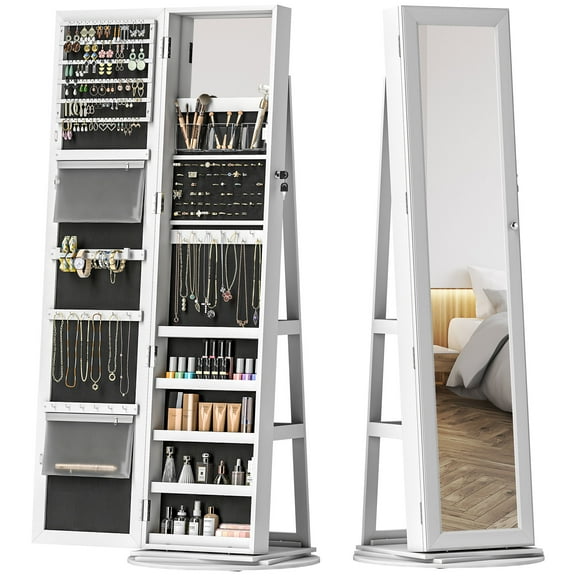 HOMCOM Jewelry Cabinet, 360° Swivel Jewelry Armoire with Mirror, White