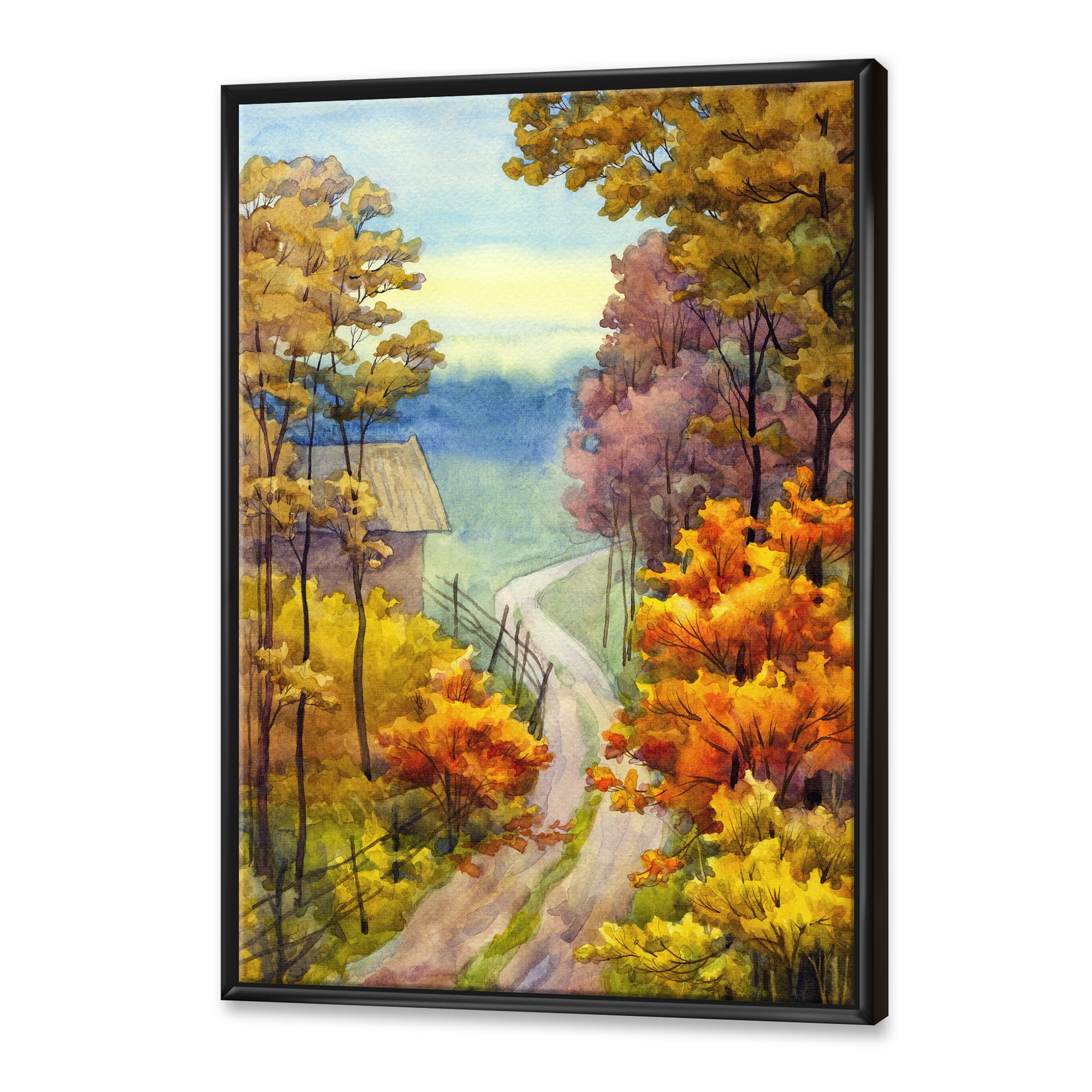 Little Road Through VIbrant Autumn Scene 24 in x 32 in Framed Painting Canvas Art Print, by Designart