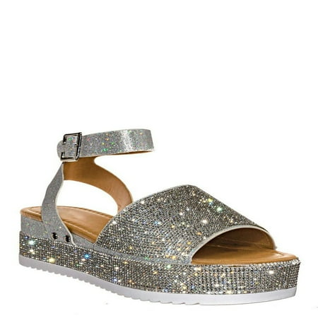 

Women s Glitter Strappy Platform Sandals Cool Open-toed Shoes with Rhinestones for Valentine s Day Christmas Gift Silver 43